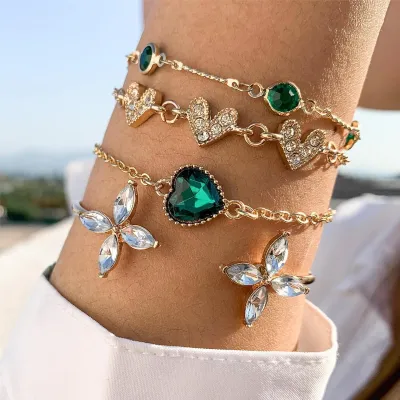 4 pcs Green Zircon Crystal Heart Flower Bracelet Set